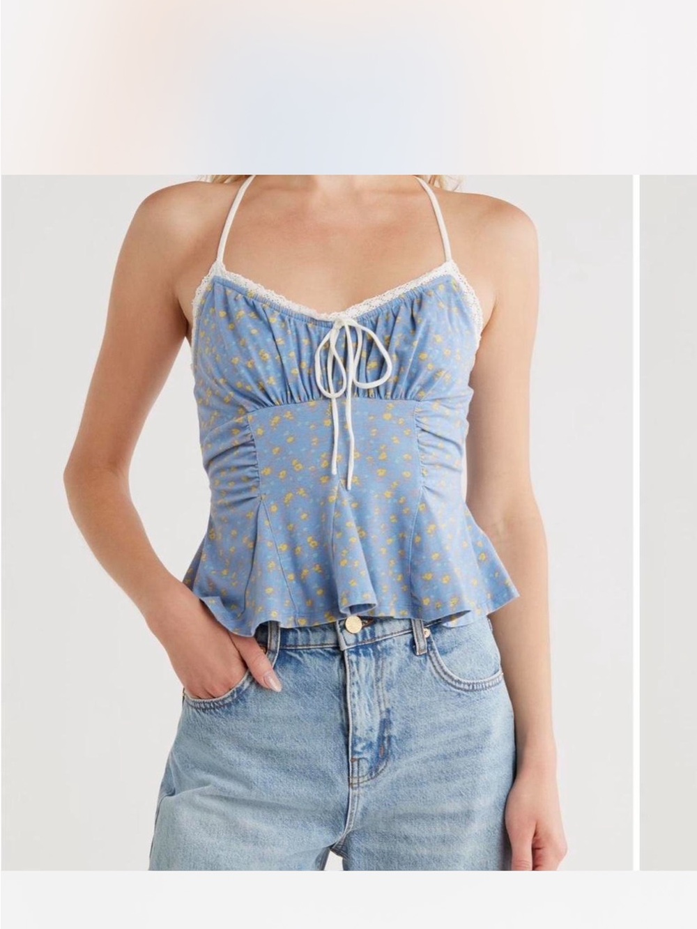 Free People Blue Floral Lace-Trim Peplum Cami